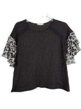 Blue Brand Black Thermal Waffle Knit Top Women Size L Flutter Animal Print Slv